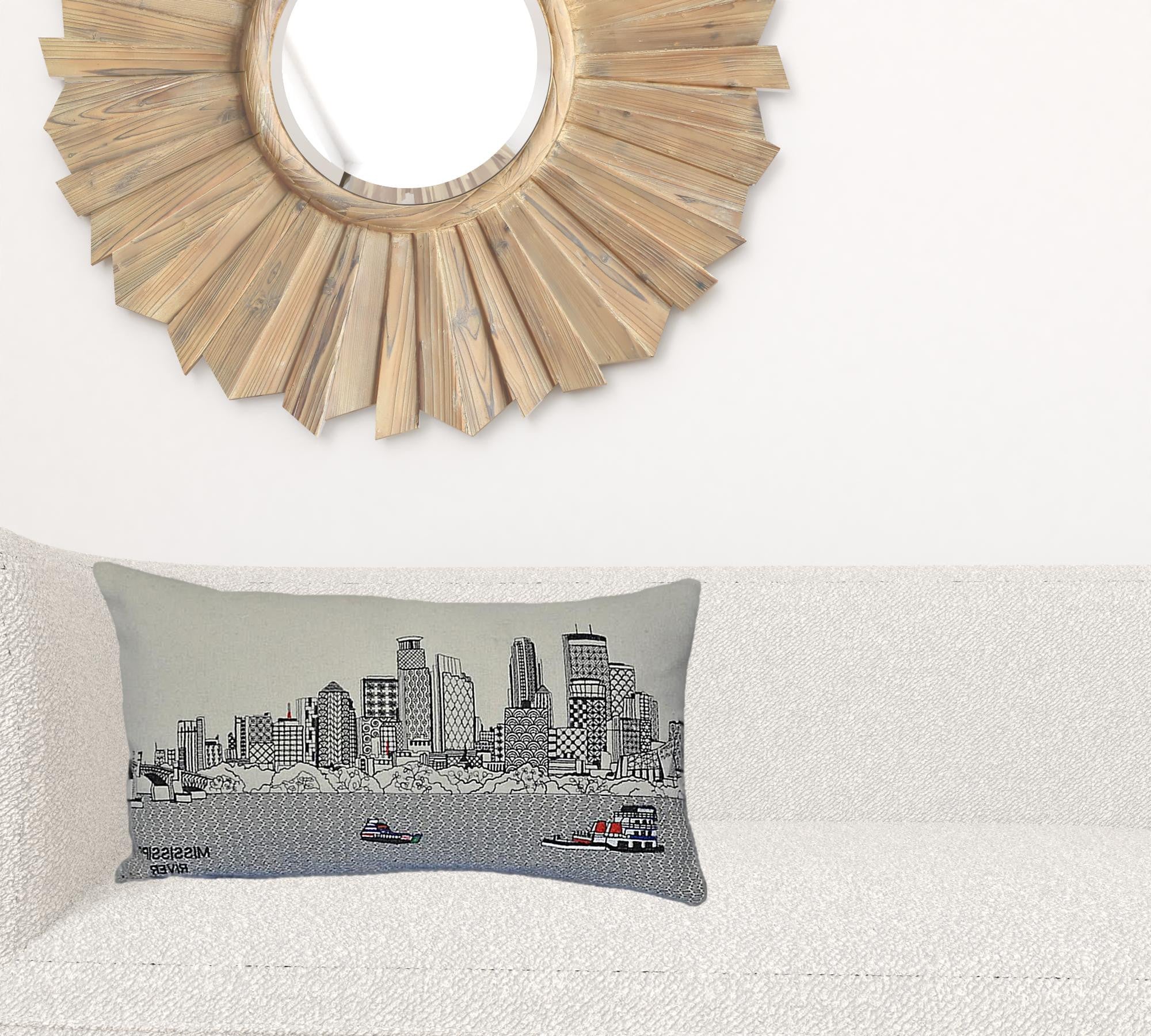 24" White Minneapolis Daylight Skyline Lumbar Decorative Pillow