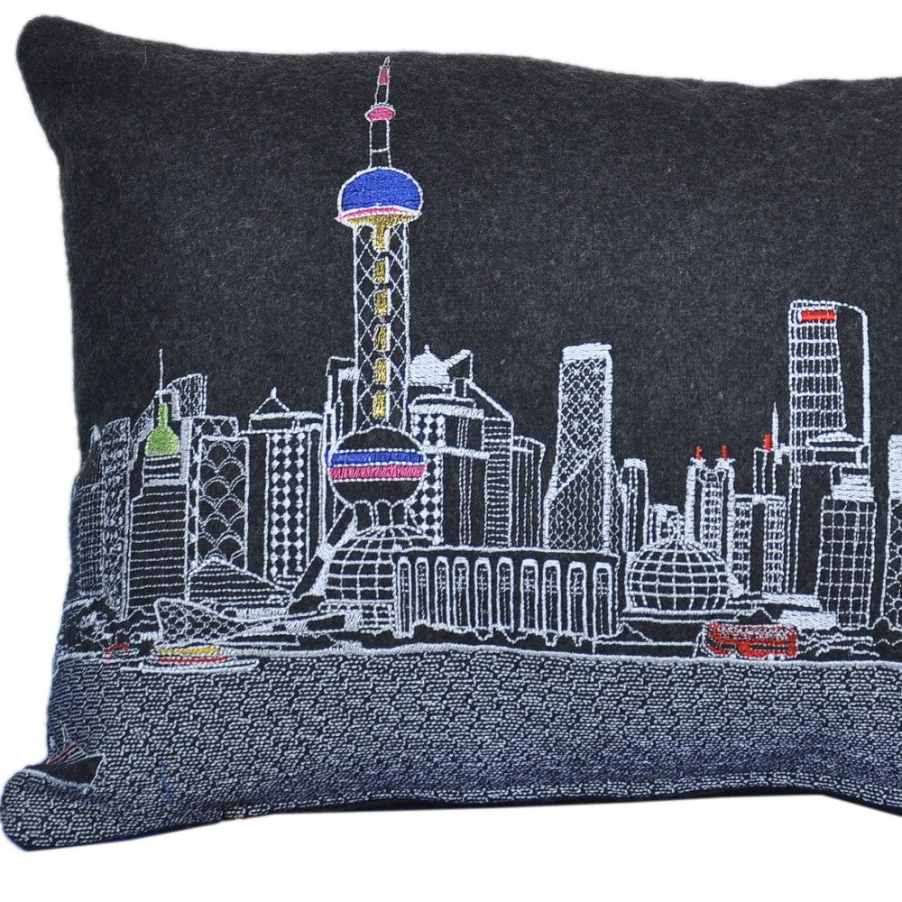 24" Black Shanghai  Nighttime Skyline Lumbar Decorative Pillow