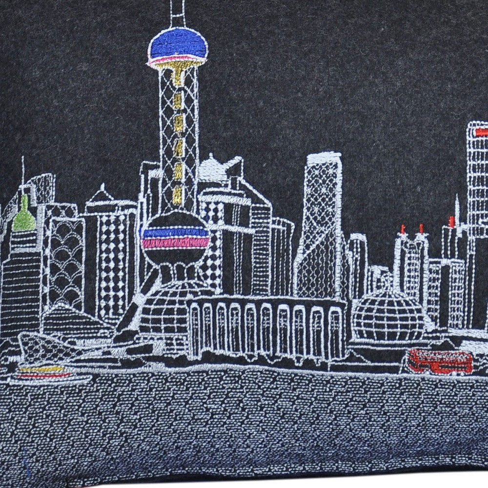 24" Black Shanghai  Nighttime Skyline Lumbar Decorative Pillow