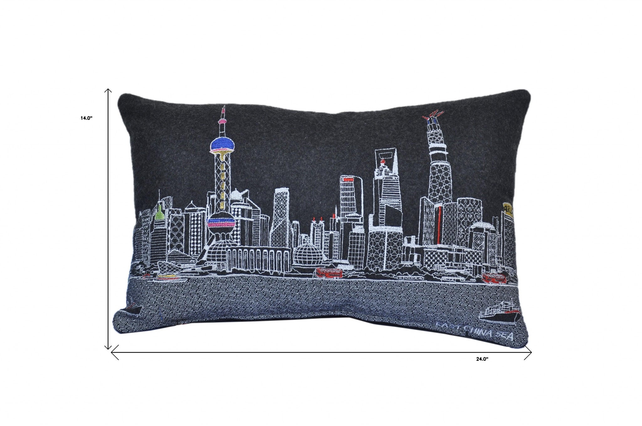 24" Black Shanghai  Nighttime Skyline Lumbar Decorative Pillow