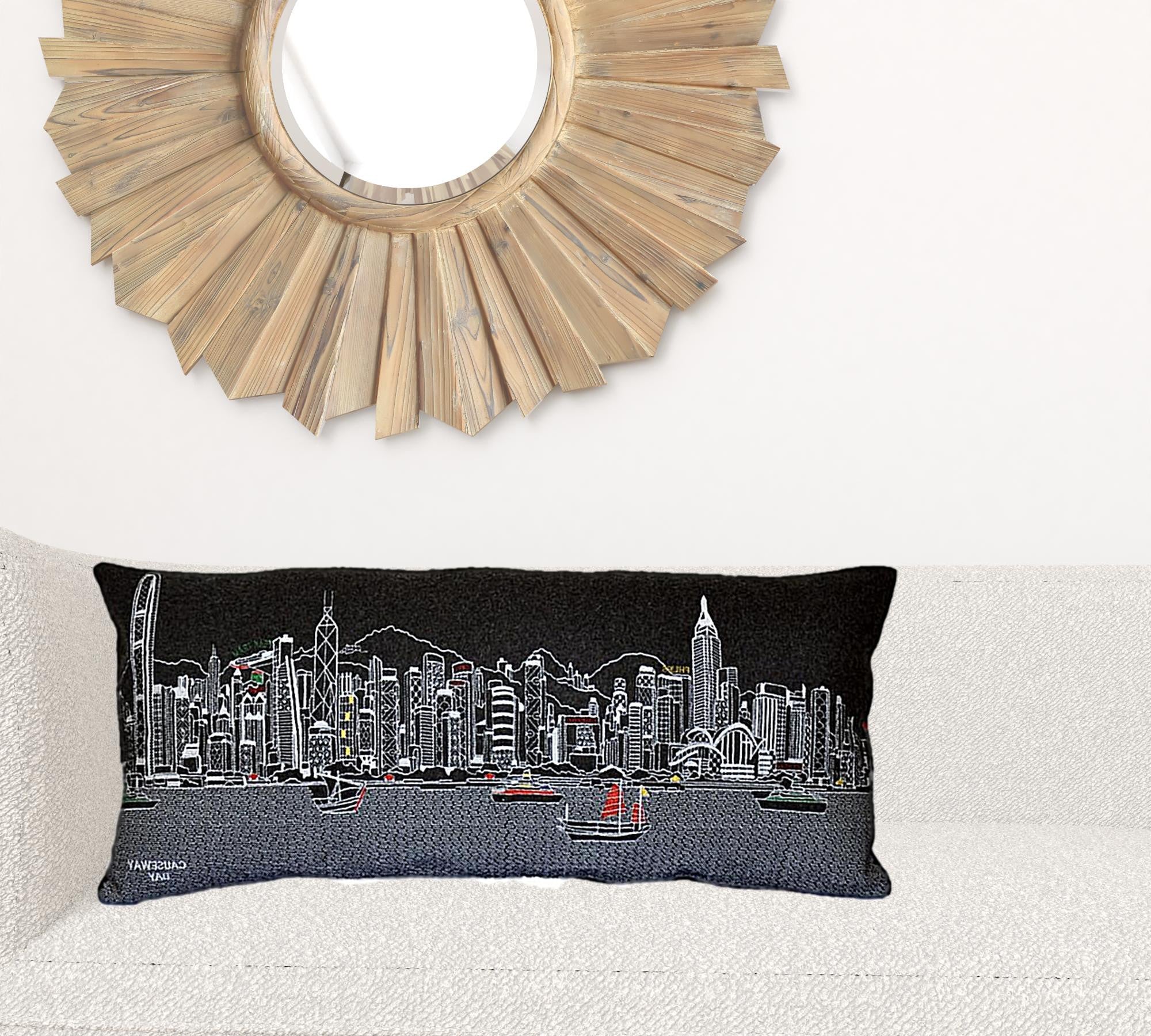 35" Black Hong Kong Nighttime Skyline Lumbar Decorative Pillow