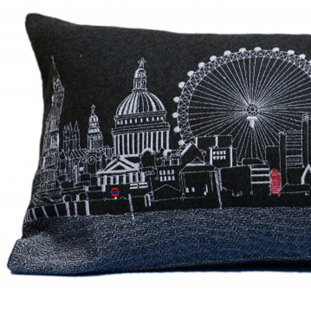 35" Black and White London Nighttime Skyline Lumbar Decorative Pillow