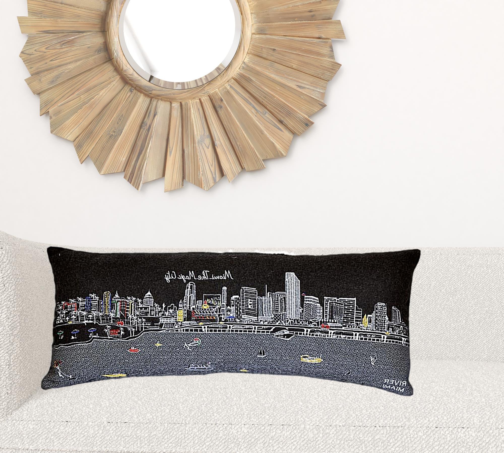 35" Black Miami Nighttime Skyline Lumbar Decorative Pillow