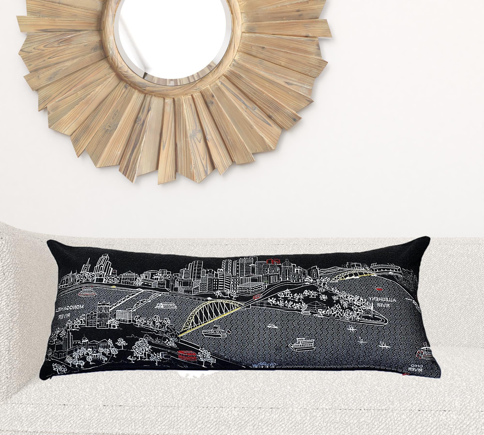 35" Black Pittsburgh Nighttime Skyline Lumbar Decorative Pillow