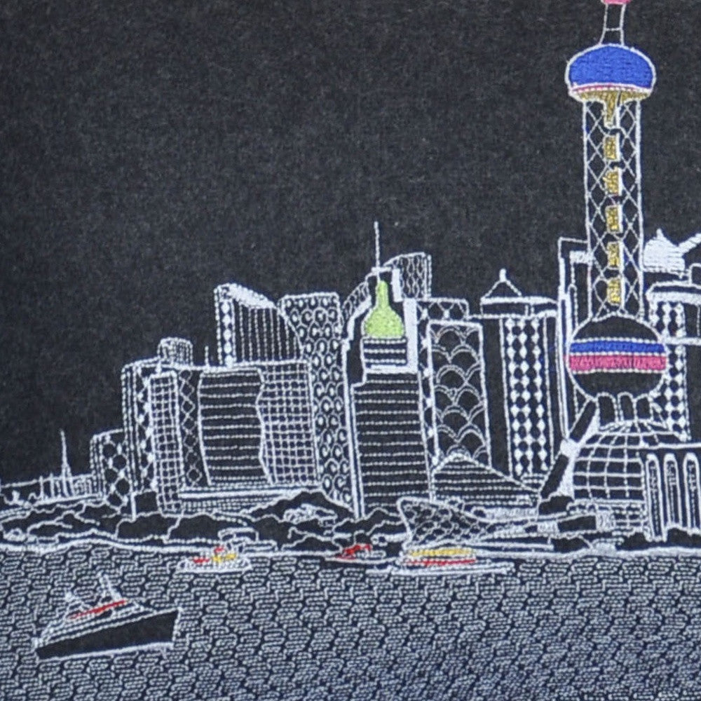 35" Black Shanghai  Nighttime Skyline Lumbar Decorative Pillow