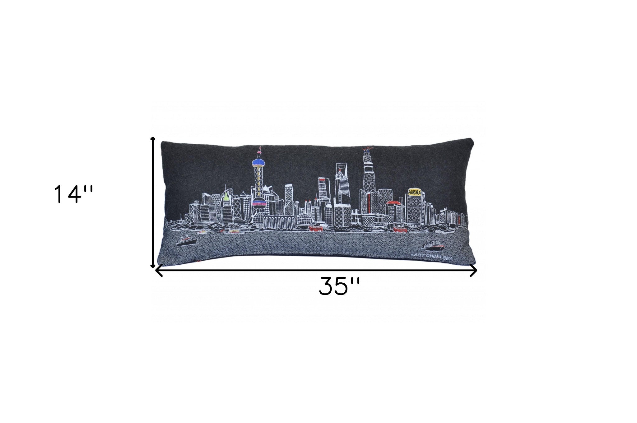 35" Black Shanghai  Nighttime Skyline Lumbar Decorative Pillow