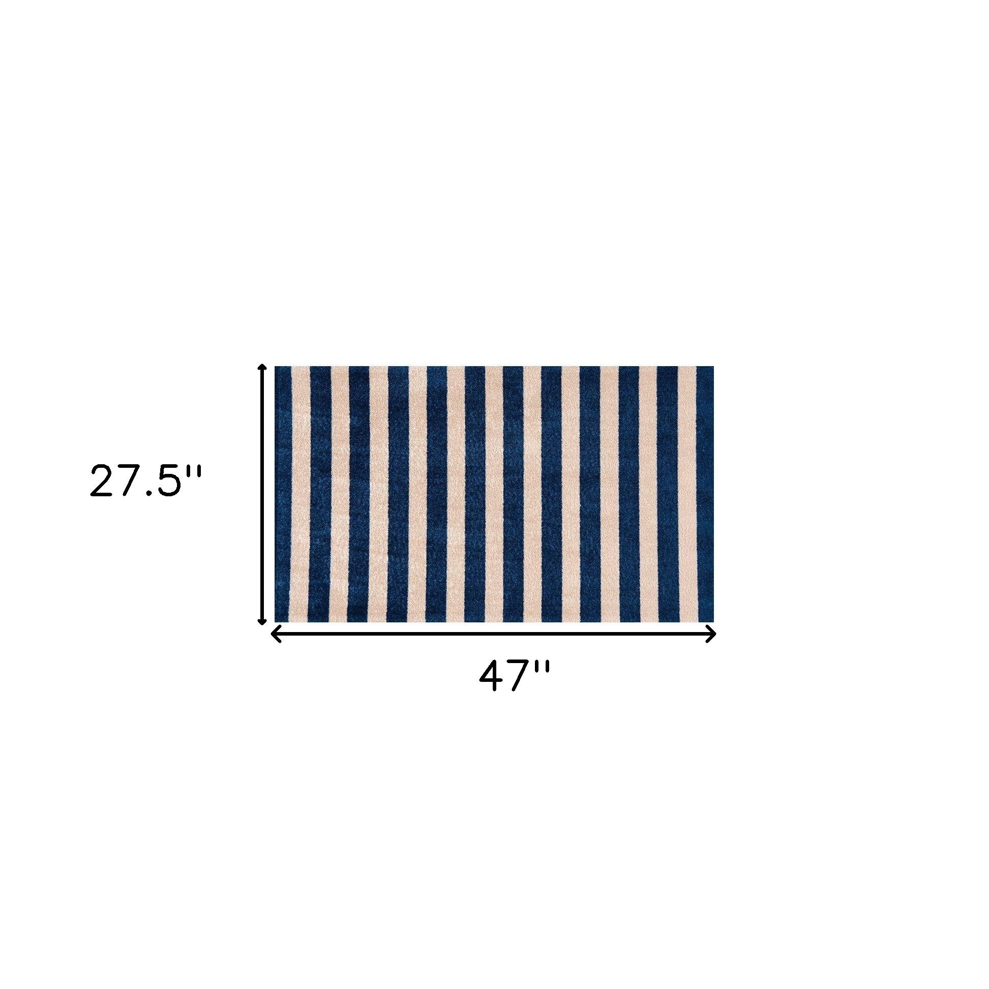 2' X 4' Navy And Sand Striped Tufted Washable Non Skid Area Rug