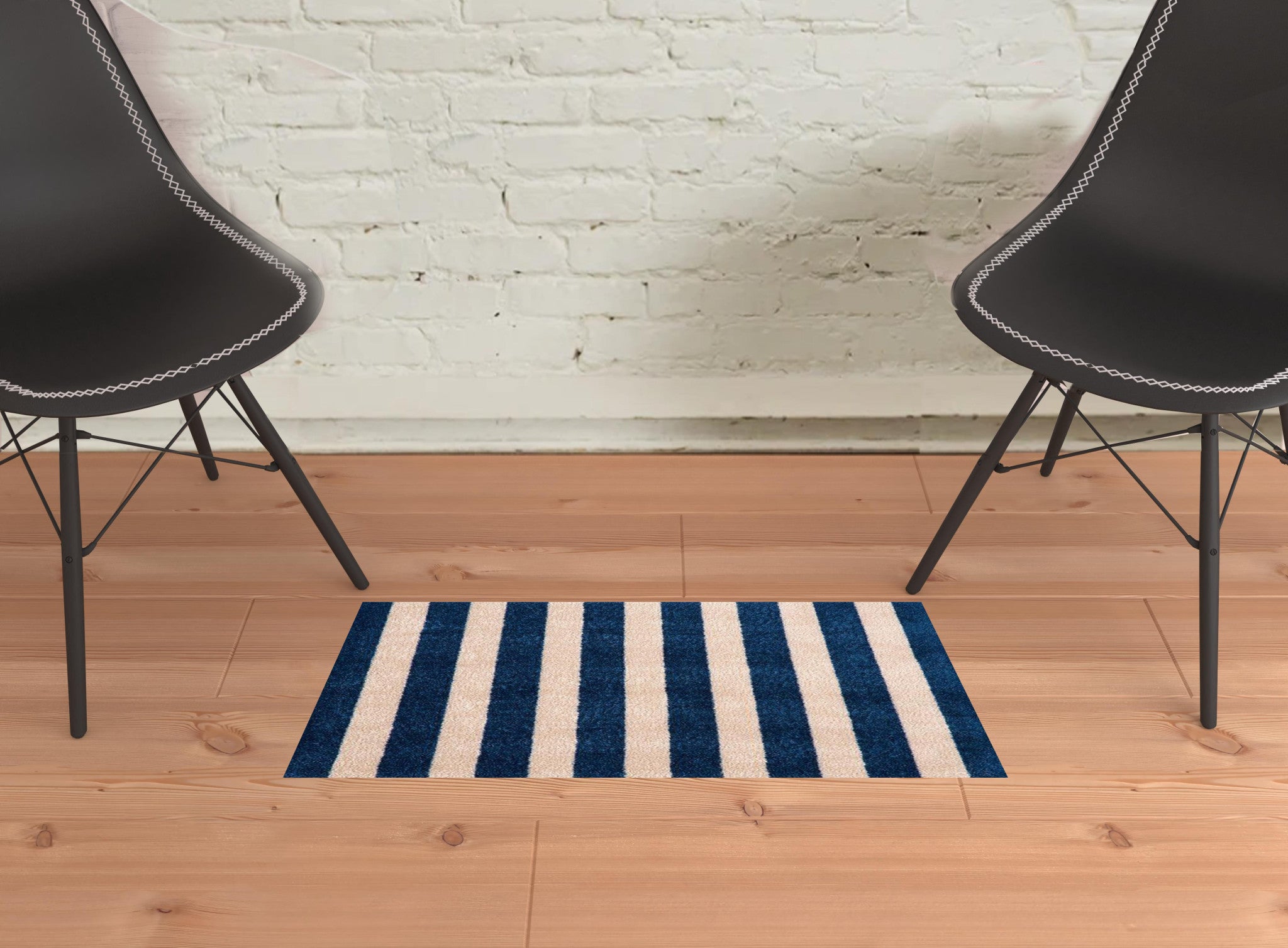 2' X 3' Navy And Sand Striped Tufted Washable Non Skid Area Rug