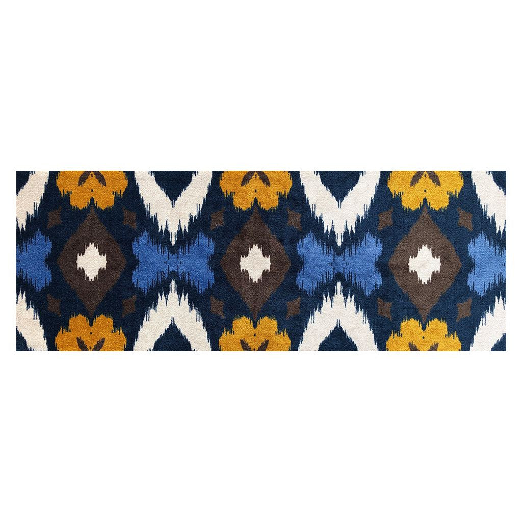 2' X 6' Navy Chocolate Gold And Sand Ikat Tufted Washable Non Skid Area Rug