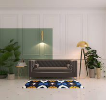 2' X 6' Navy Chocolate Gold And Sand Ikat Tufted Washable Non Skid Area Rug