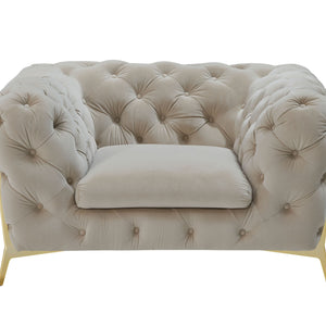 50" Beige Tufted Velvet And Gold Solid Color Lounge Chair