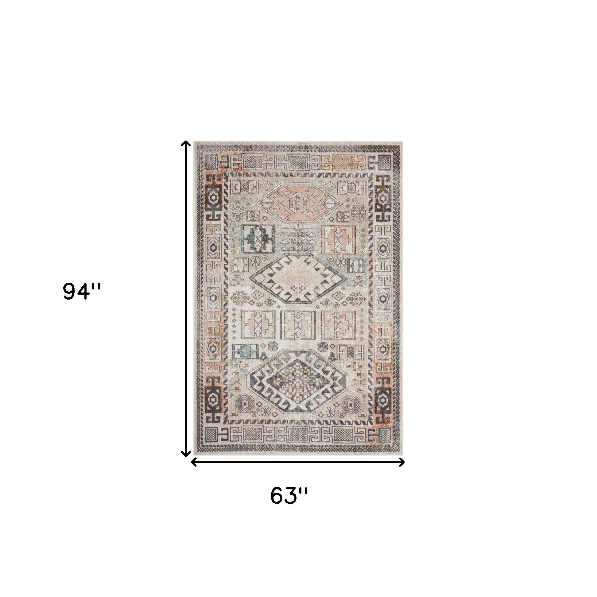 5' X 8' Cream Geometric Stain Resistant Indoor Outdoor Area Rug