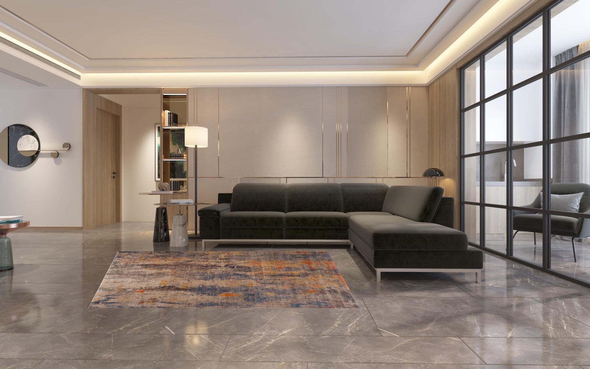 Gray Beige Blue And Yellow Abstract Power Loom Distressed Stain Resistant Area Rug - 5' x 8'