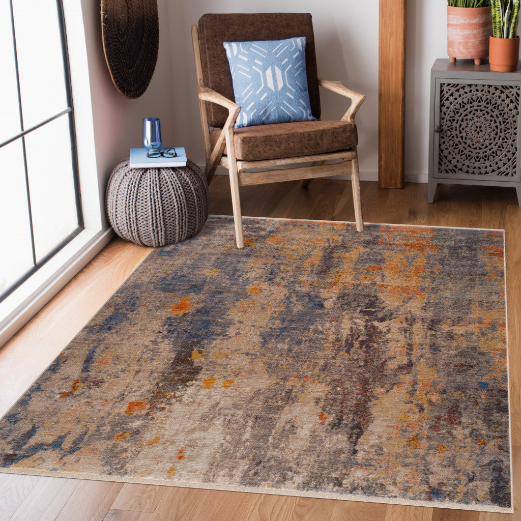 Gray Beige Blue And Yellow Abstract Power Loom Distressed Stain Resistant Area Rug - 5' x 8'