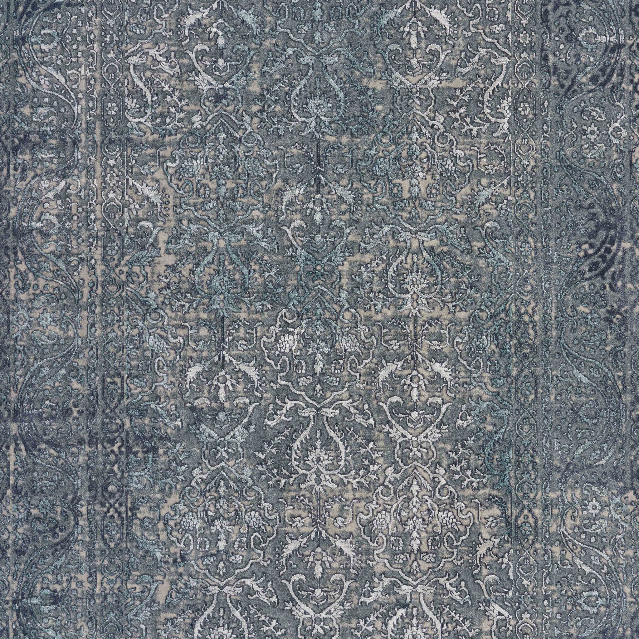 2' X 3' Blue Silver Gray And Cream Damask Distressed Stain Resistant Area Rug