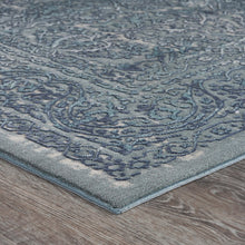 2' X 3' Blue Silver Gray And Cream Damask Distressed Stain Resistant Area Rug