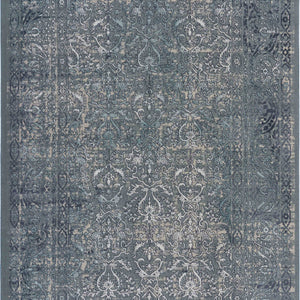 5' X 8' Blue Silver Gray And Cream Damask Distressed Stain Resistant Area Rug