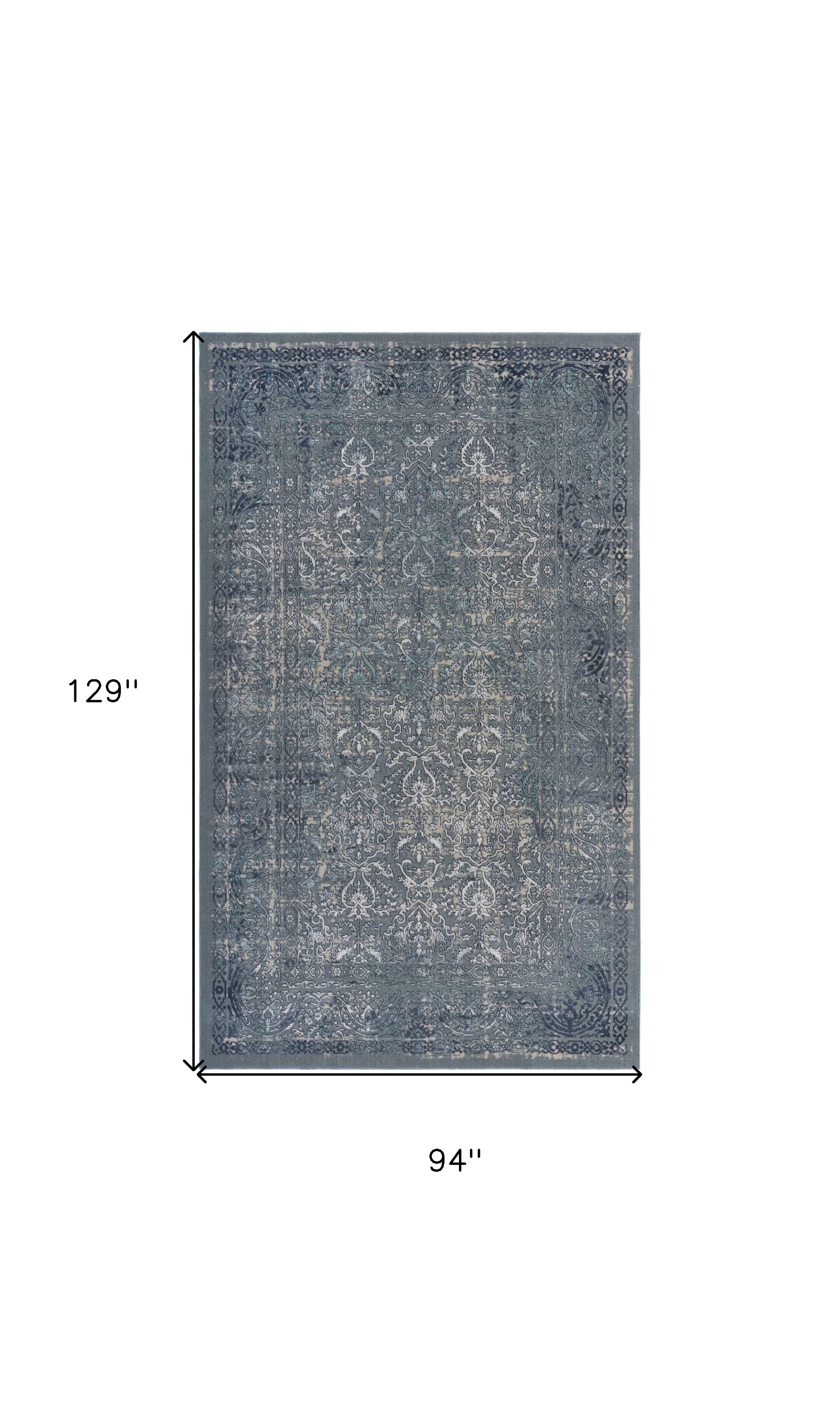 8' X 11' Blue Silver Gray And Cream Damask Distressed Stain Resistant Area Rug