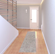 8' Gray Ivory Slate Blue And Wine Red Geometric Distressed Runner Rug