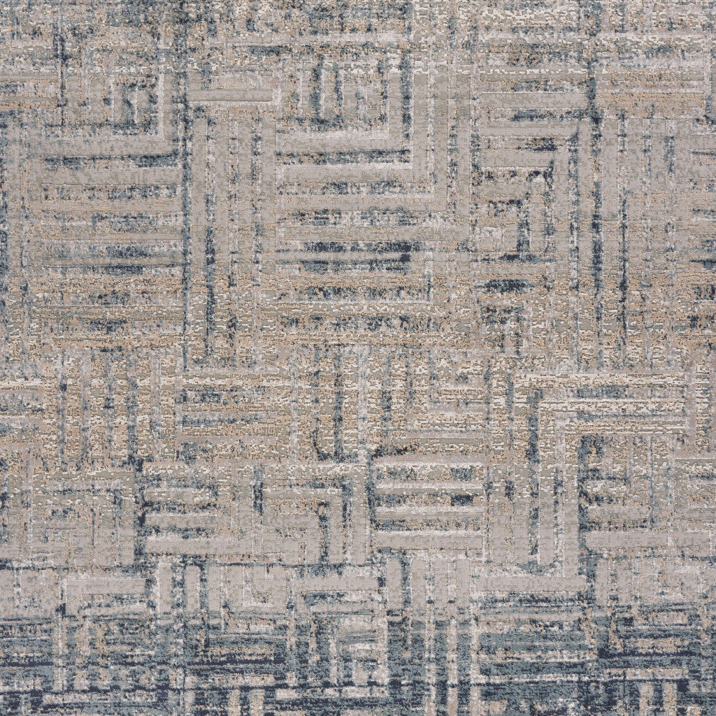 8' Cream Blue And Ivory Geometric Distressed Runner Rug