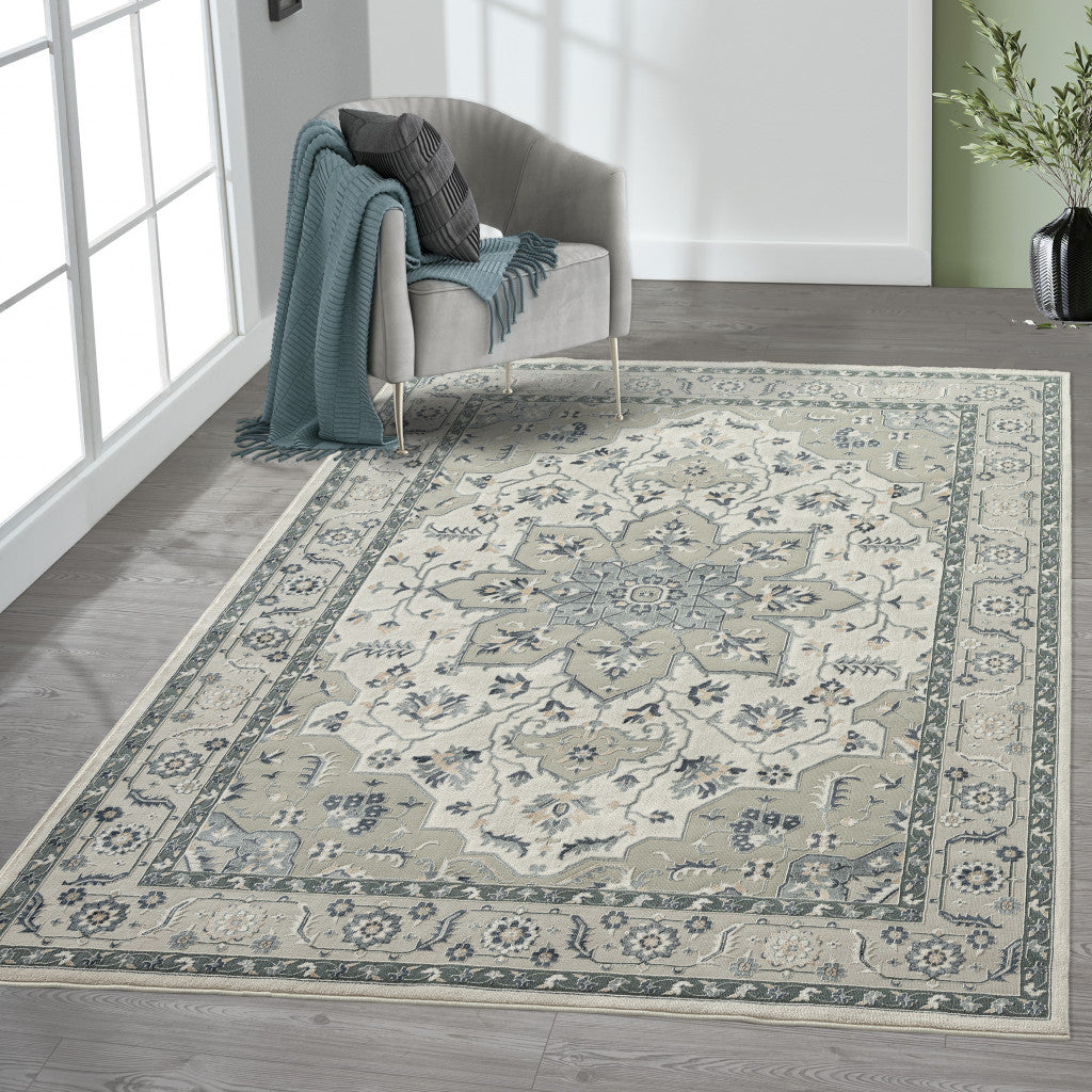 8' X 11' Gray Cream And Ivory Floral Stain Resistant Area Rug