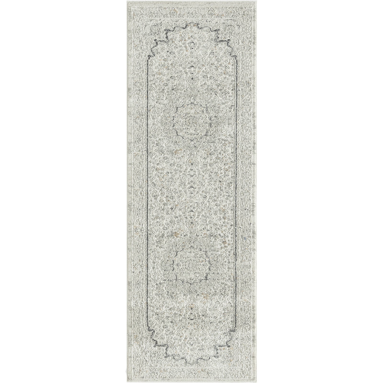 2' X 6' Ivory and Gray Floral Medallion Power Loom Stain Resistant Area Rug