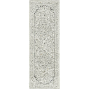 2' X 6' Ivory and Gray Floral Medallion Power Loom Stain Resistant Area Rug