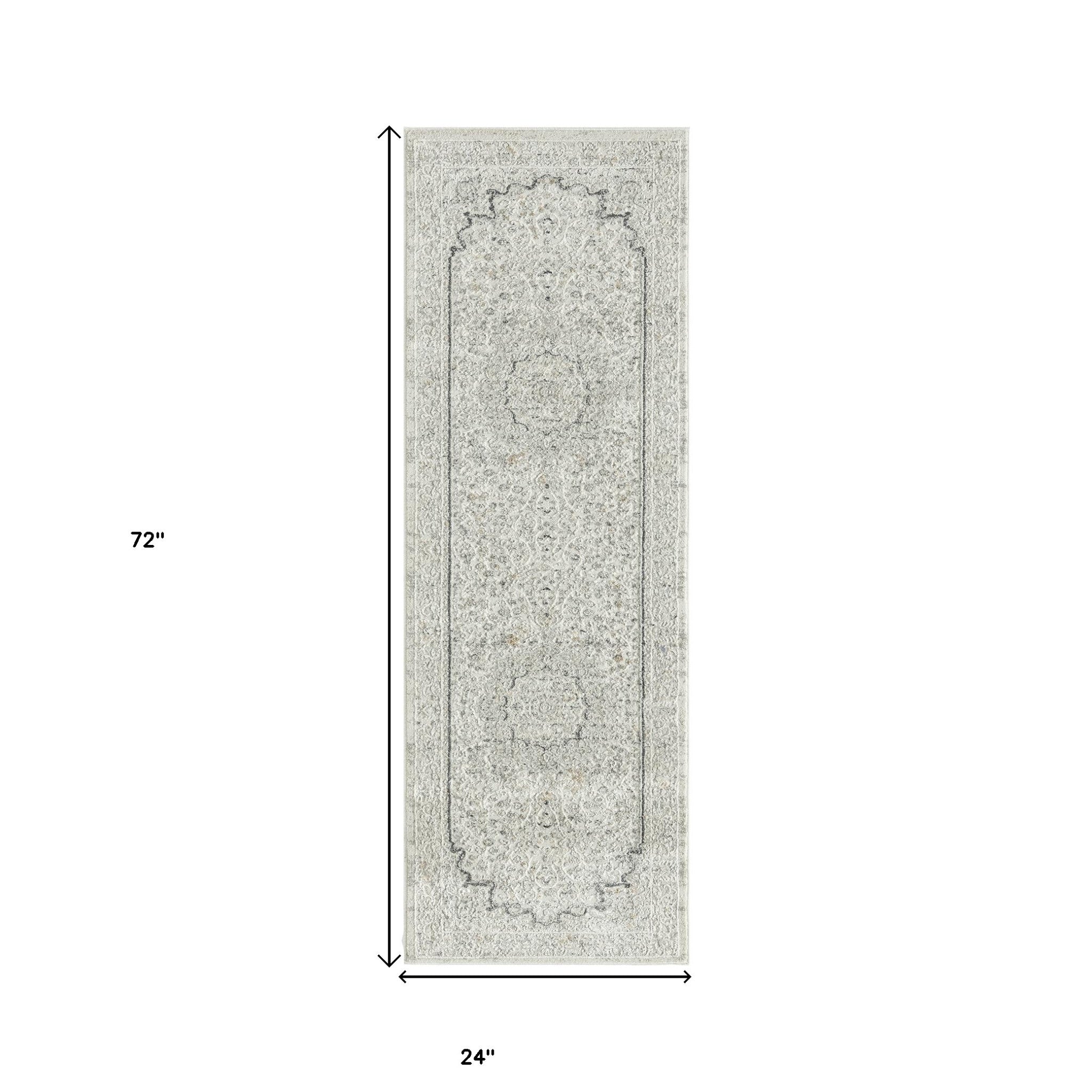 2' X 6' Ivory and Gray Floral Medallion Power Loom Stain Resistant Area Rug