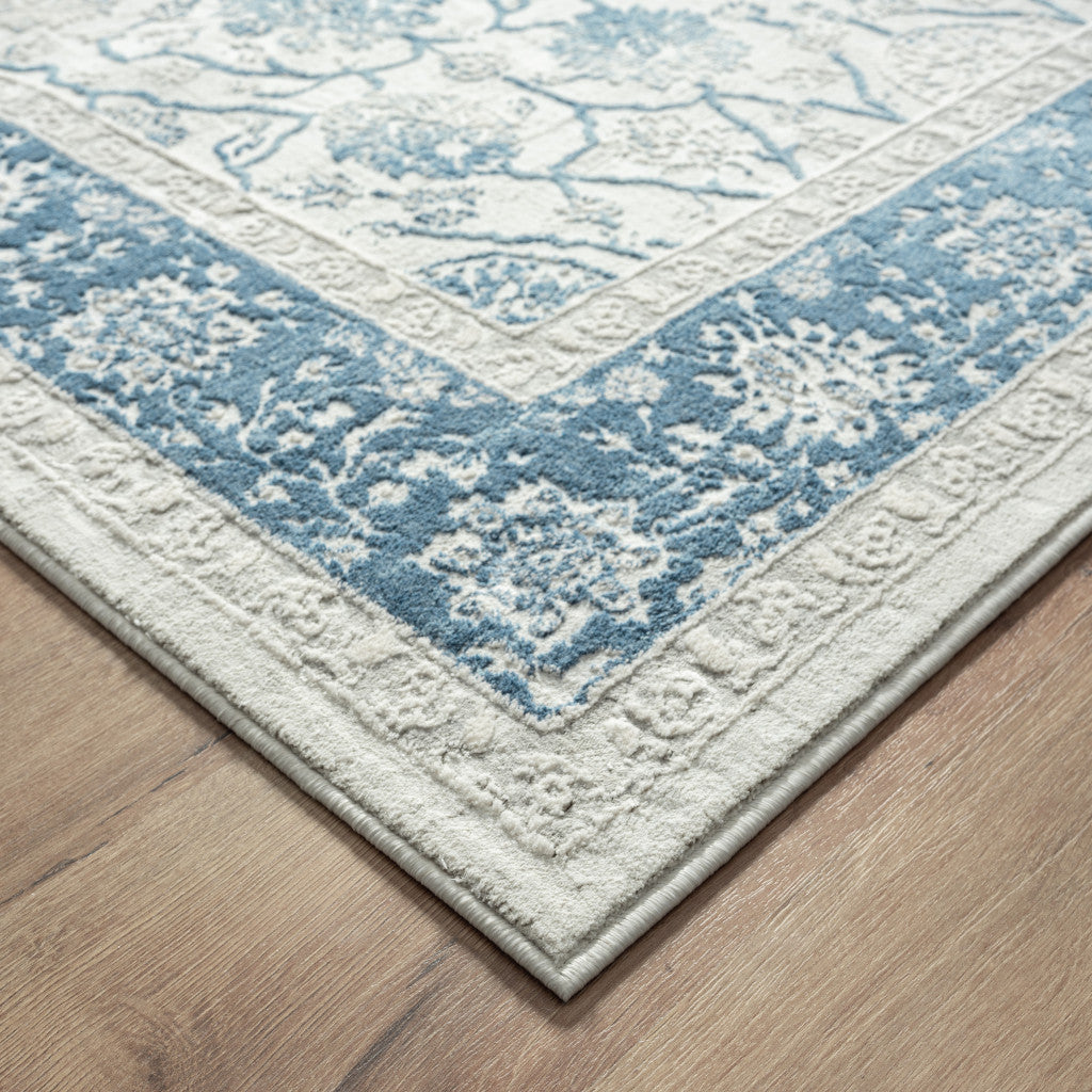 2' X 3' Blue Gray And Ivory Floral Stain Resistant Area Rug