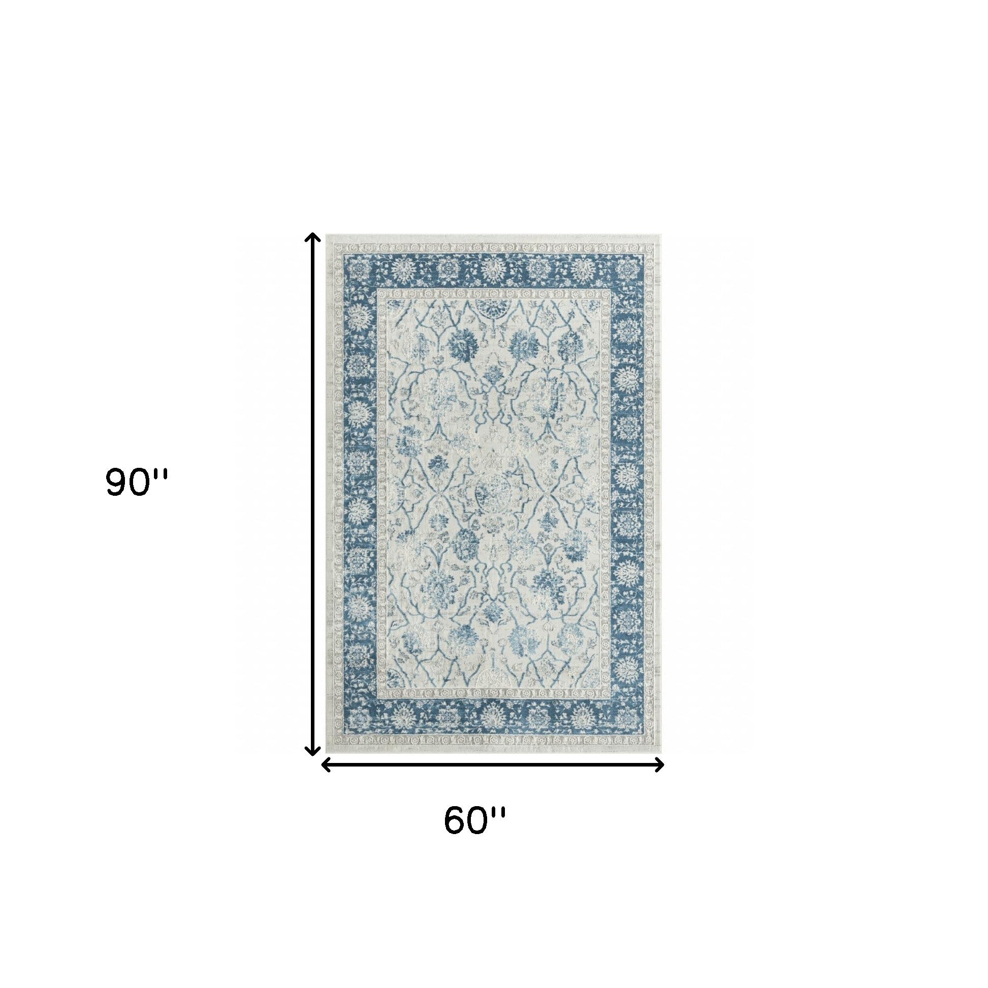 5' X 8' Blue Gray And Ivory Floral Power Loom Stain Resistant Area Rug
