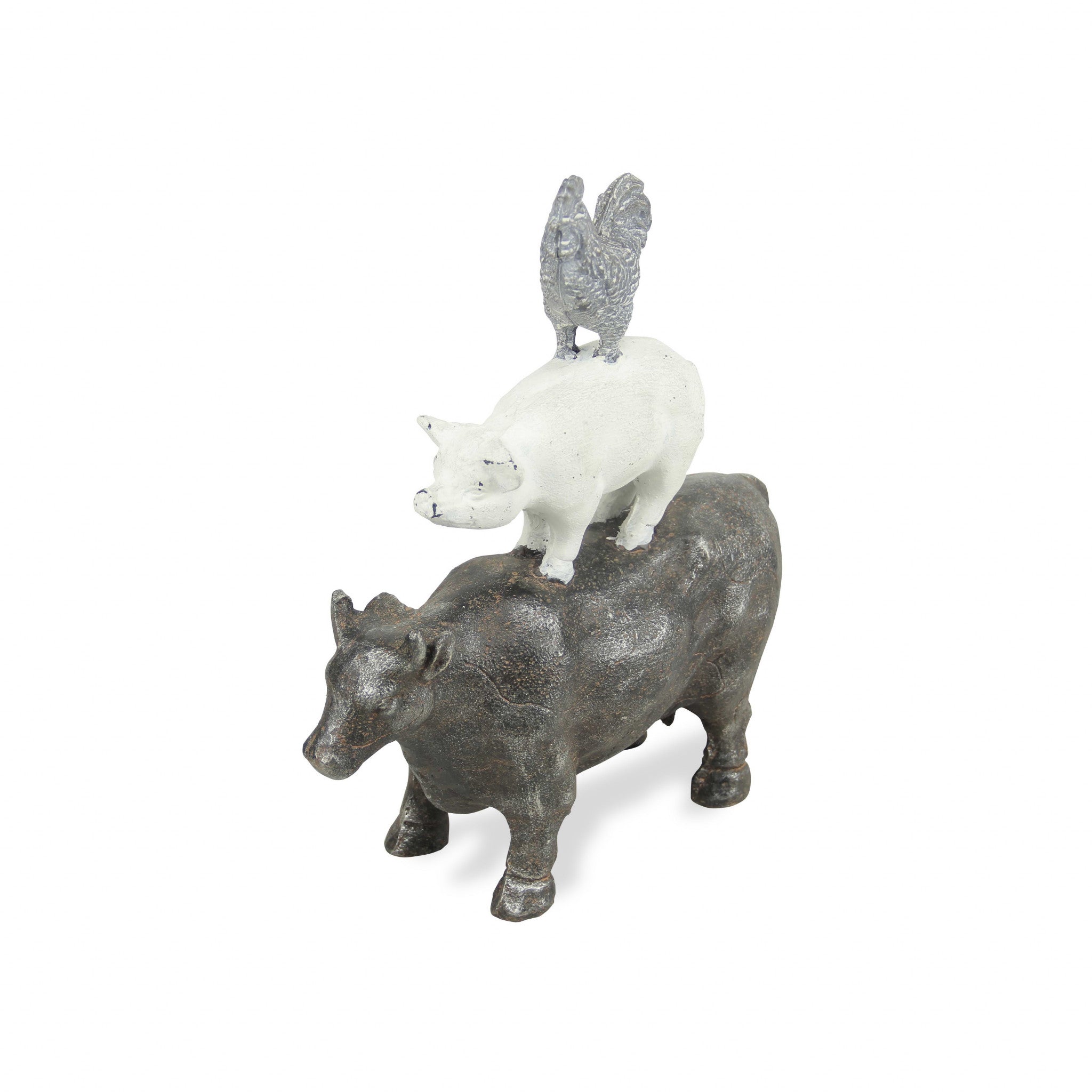 12" Grey And White Cast Iron Trio of Farm Animals Hand Painted Sculpture