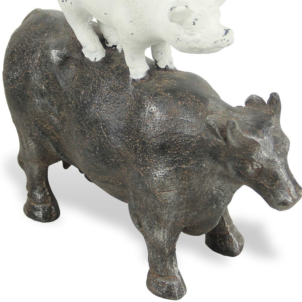 12" Grey And White Cast Iron Trio of Farm Animals Hand Painted Sculpture