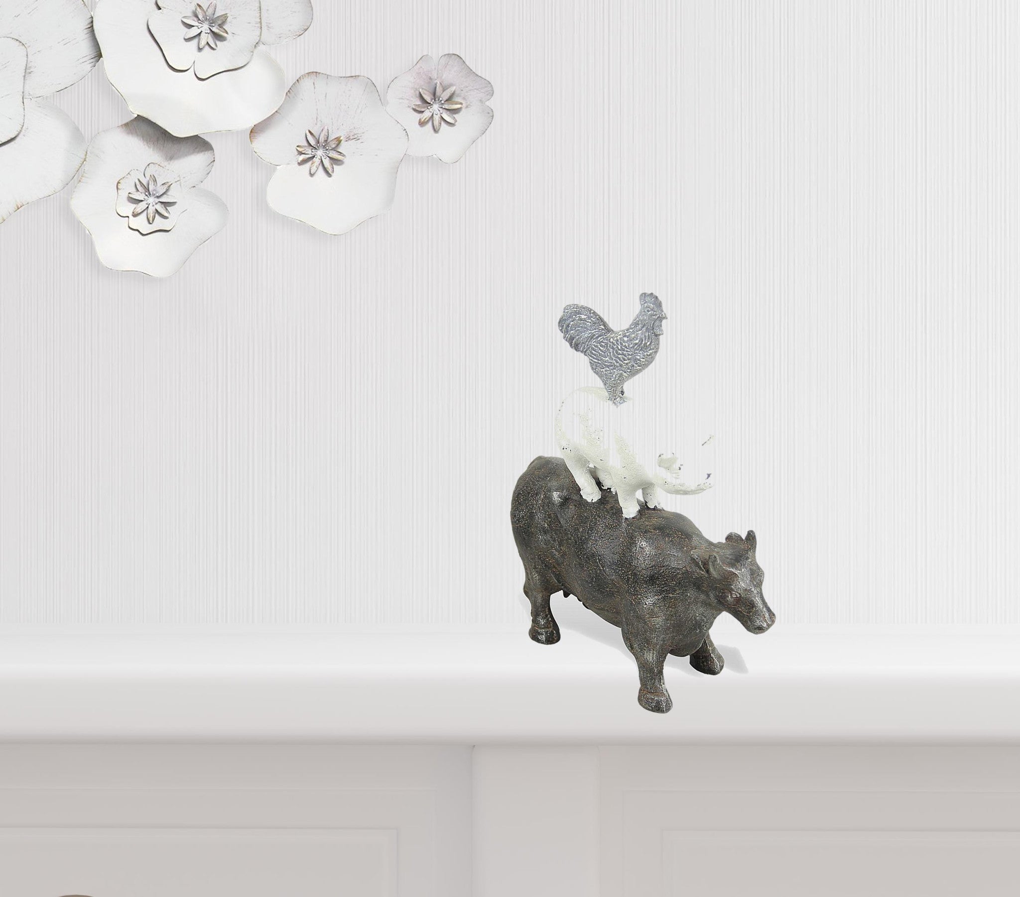 12" Grey And White Cast Iron Trio of Farm Animals Hand Painted Sculpture