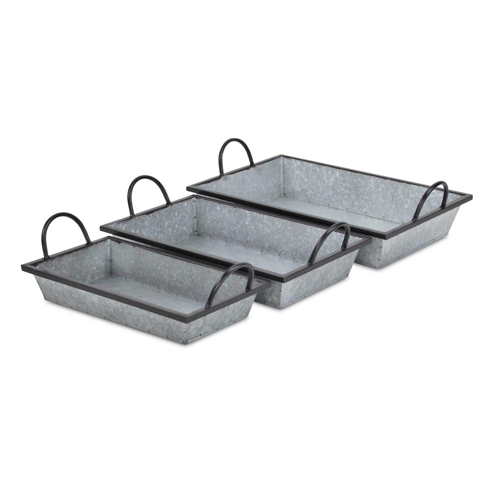 Set Of Three 18" Gray and Black Metal Handmade Trays With Handles