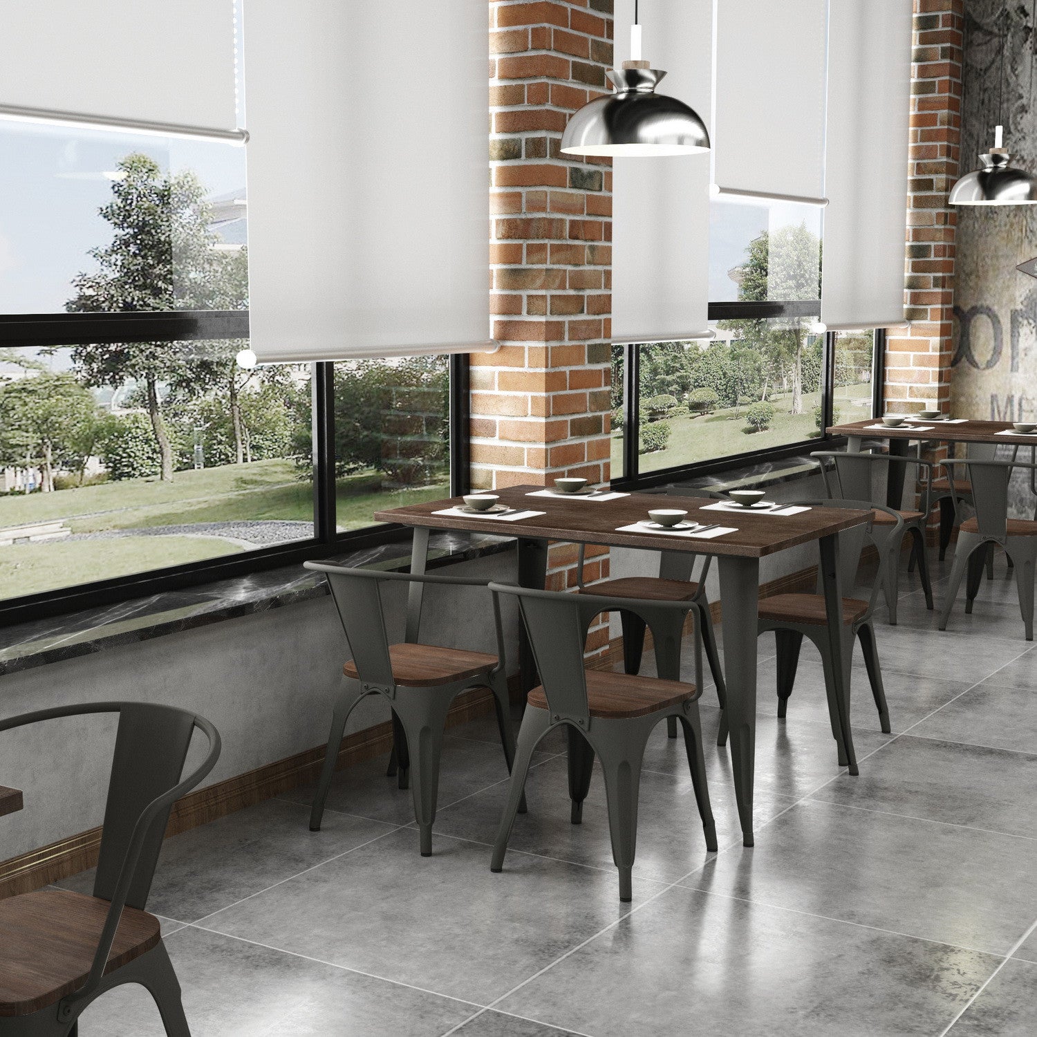 32" Brown And Gray Rectangular Solid Wood and Steel Dining Table