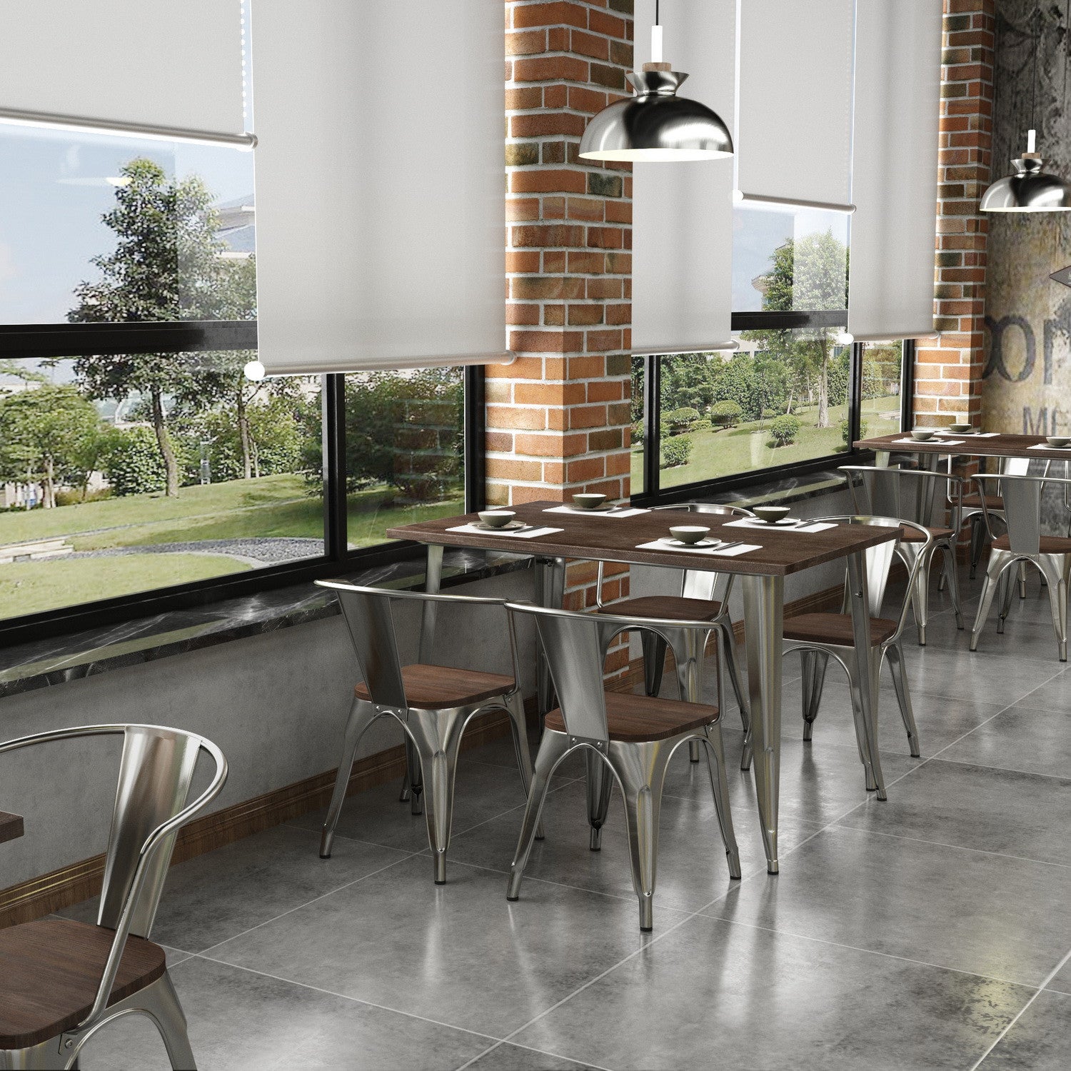 32" 32" Brown And Gray Rectangular Solid Wood and Steel Dining Table