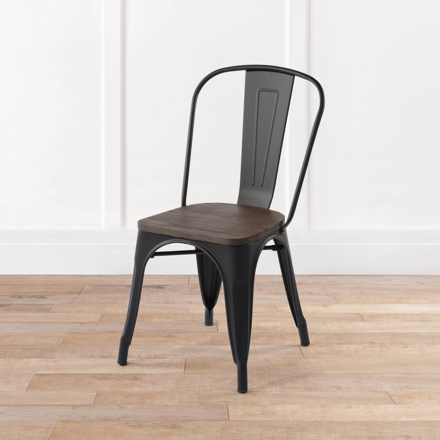 Set Of Two Black and Brown Wood and Metal Slat Back Dining Chairs