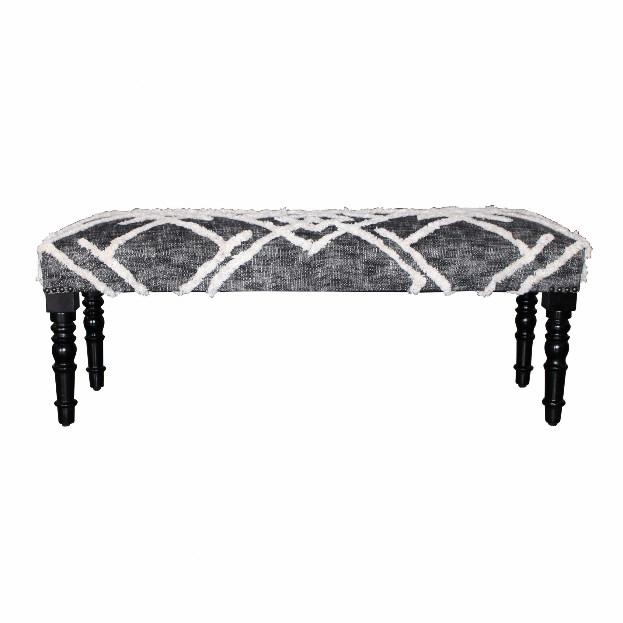 Gray And White Geometric Cotton Upholstered Distressed Bench 47"