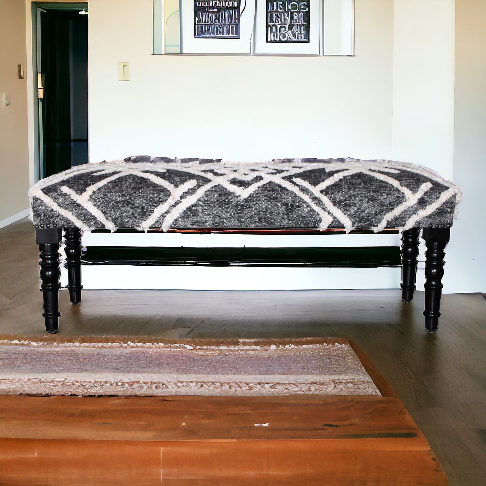 Gray And White Geometric Cotton Upholstered Distressed Bench 47"