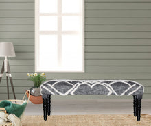 Gray And White Geometric Cotton Upholstered Distressed Bench 47
