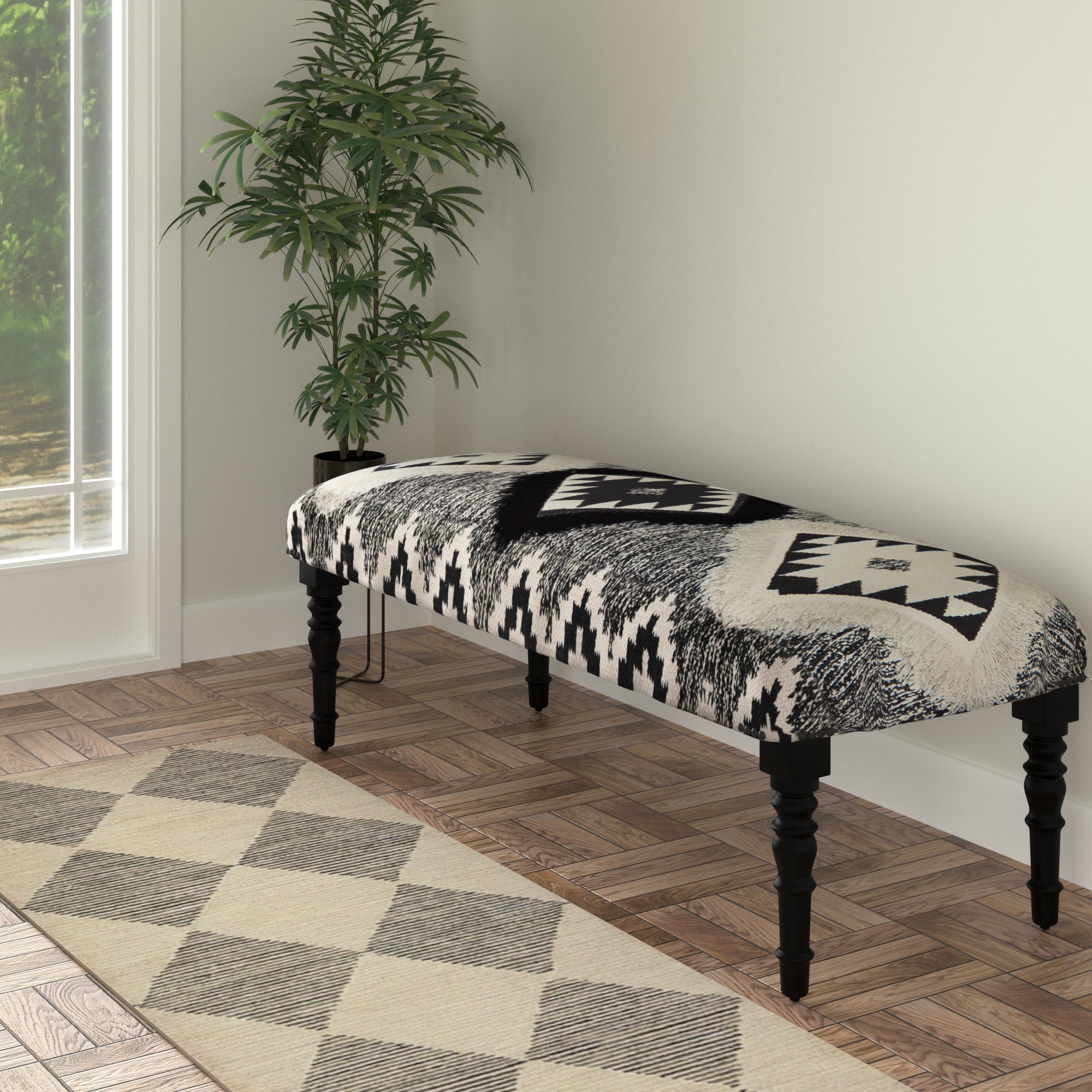 Black And White Black Leg Southwest Upholstered Bench 47"