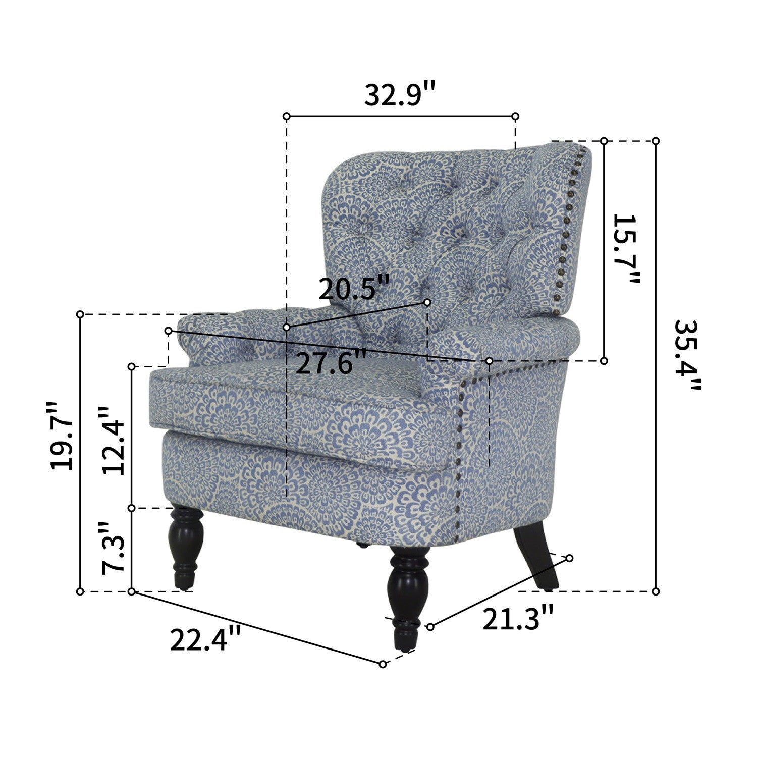 33" Periwinkle Cream And Brown Polyester Blend Floral Wingback Chair