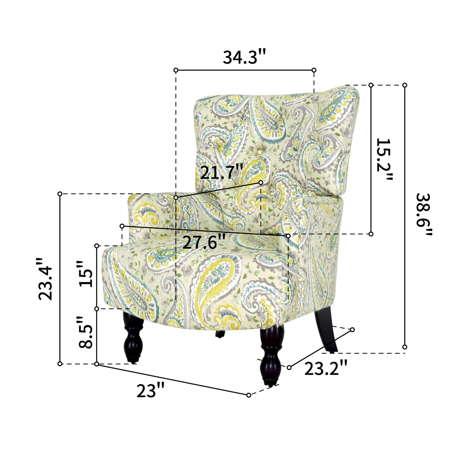 28" Aqua Lemongrass And Brown Polyester Blend Paisley Arm Chair
