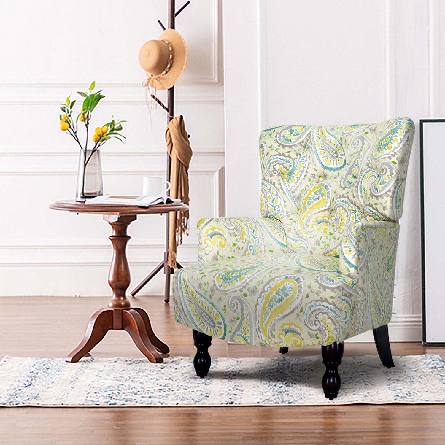 28" Aqua Lemongrass And Brown Polyester Blend Paisley Arm Chair