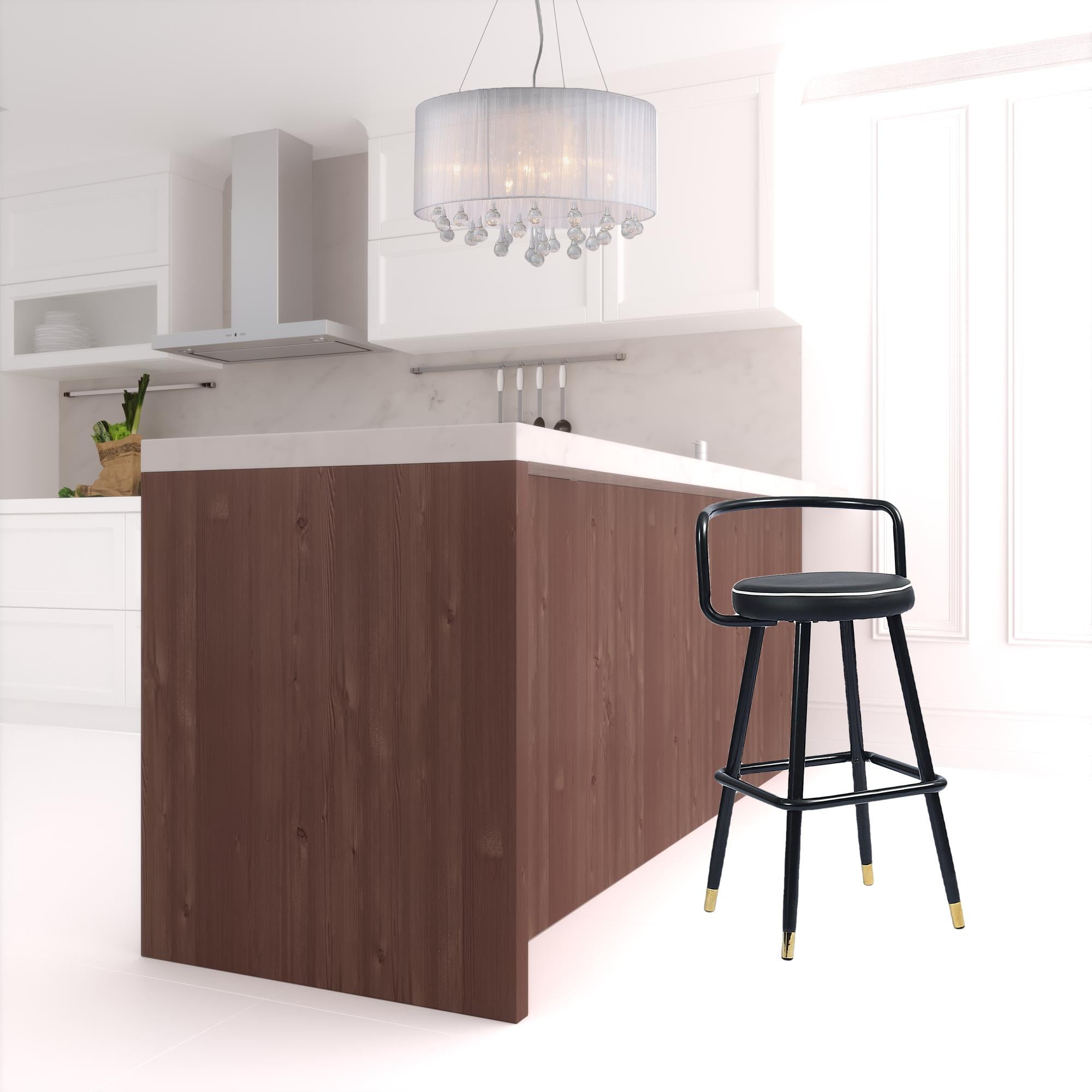 Set Of Two 36" Black Faux Leather And Steel Low Back Bar Height Chairs With Footrest