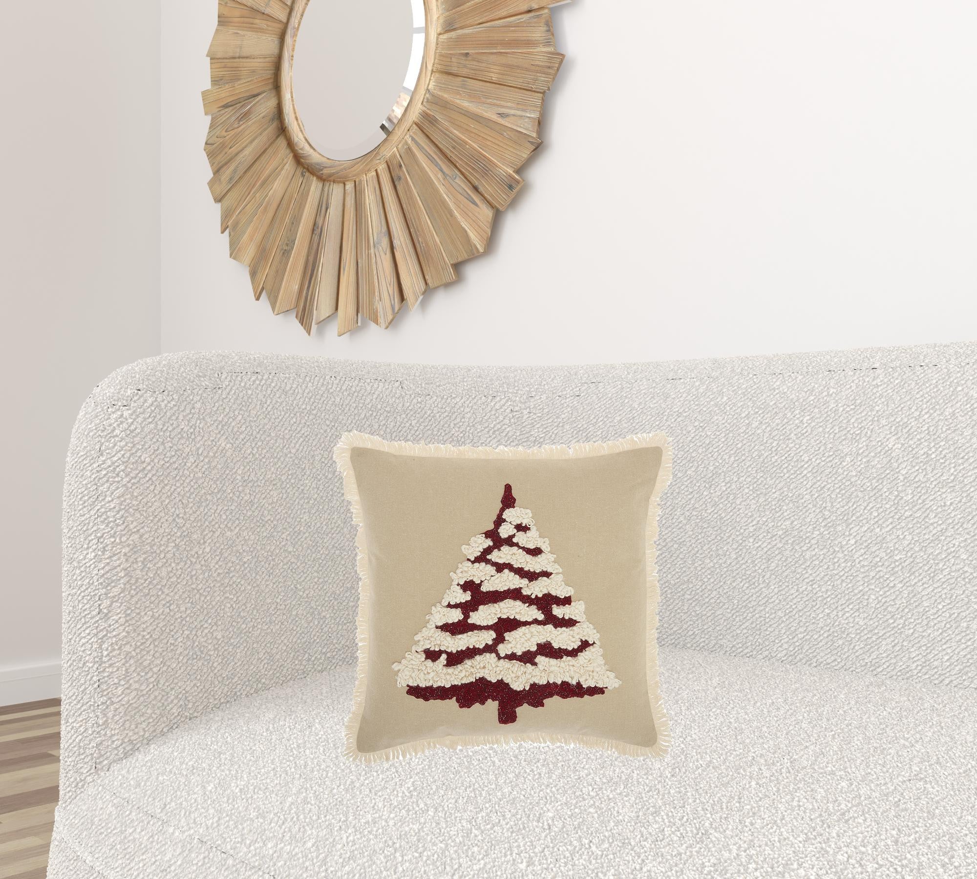 18" X 18" Red Zippered Handmade 100% Cotton Christmas Tree Throw Pillow