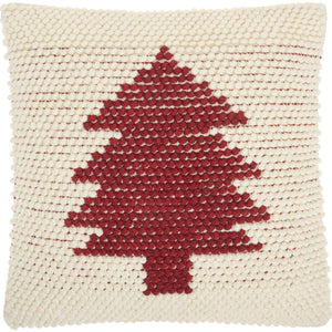 20" X 20" Ivory And Red Zippered Handmade Polyester Christmas Tree Throw Pillow