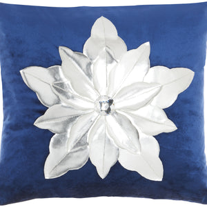 16" X 16" Navy And Silver Zippered Handmade 100% Cotton Christmas Throw Pillow