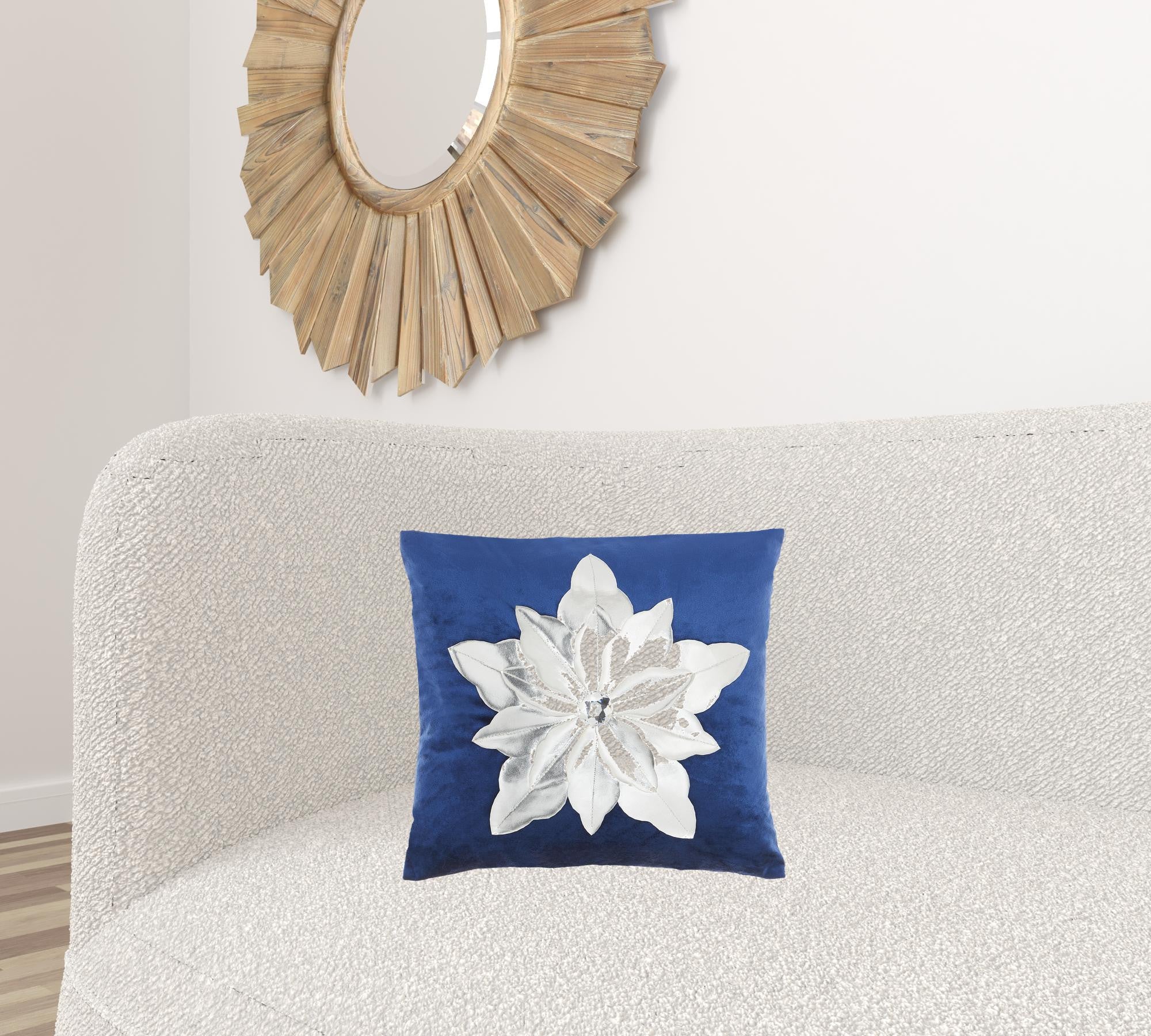 16" X 16" Navy And Silver Zippered Handmade 100% Cotton Christmas Throw Pillow