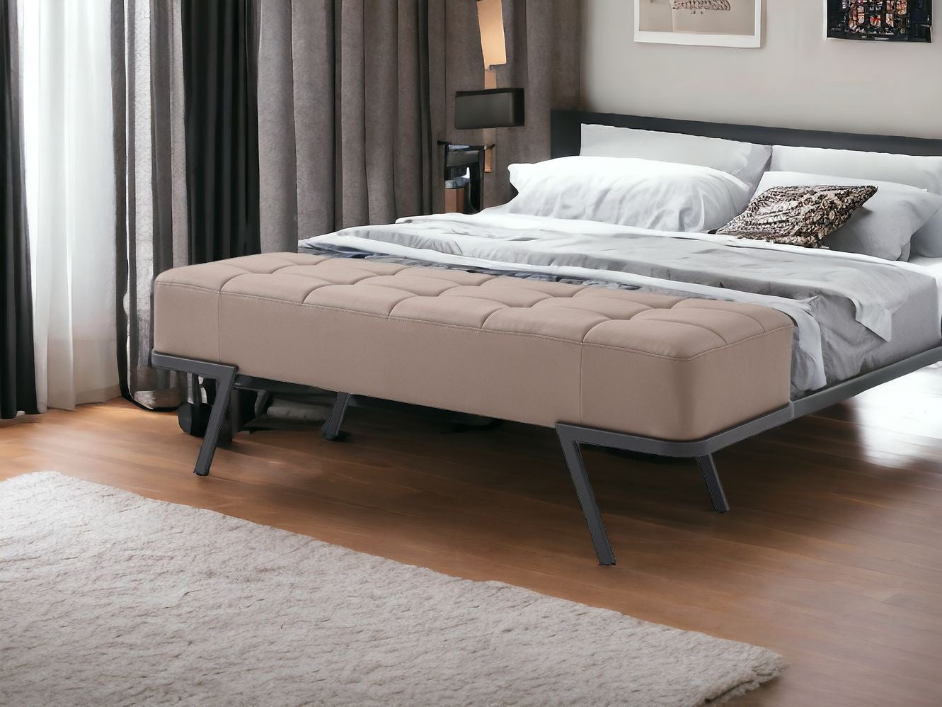 57" Taupe And Black Upholstered Upholstered Bedroom Bench